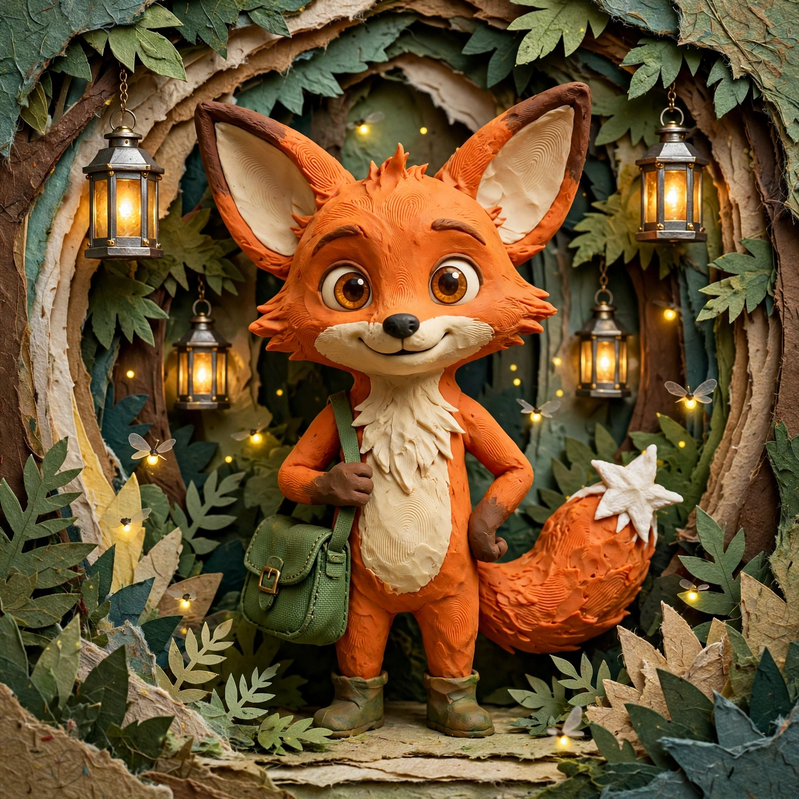 Fennick, a young orange fox with a glowing star-tipped tail and a green satchel, standing in a lantern-lit paper forest