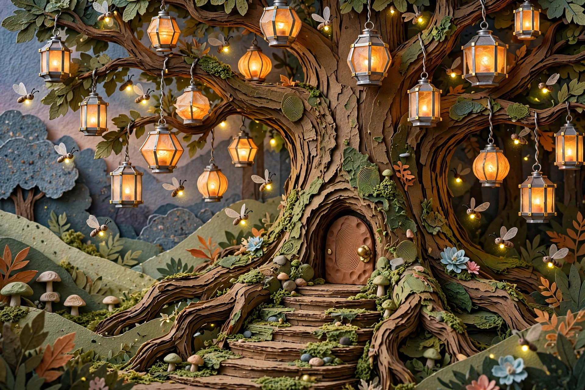 The Lantern Tree glowing at dusk