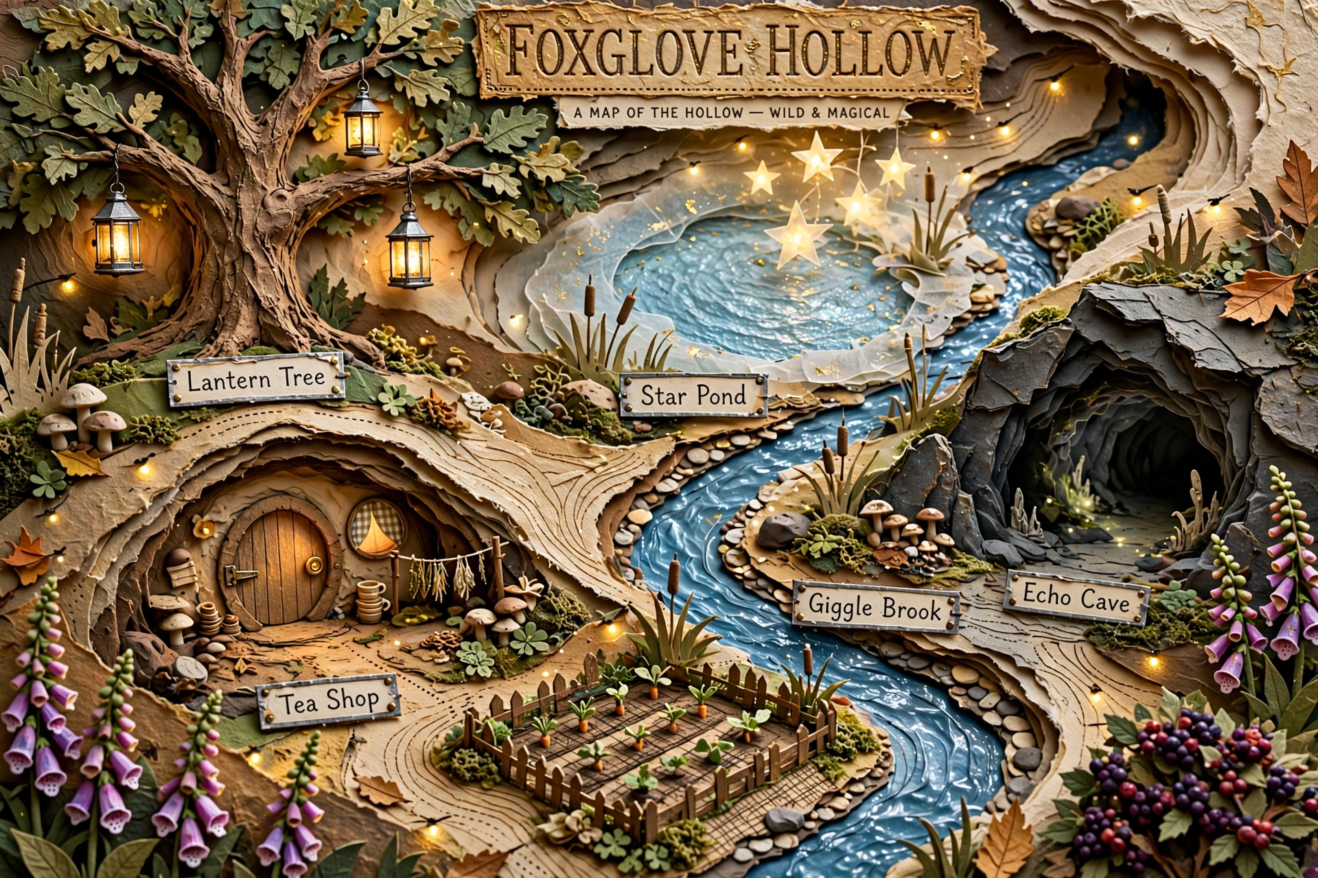 Map of Foxglove Hollow showing the Lantern Tree, Star Pond, Tea Shop and more